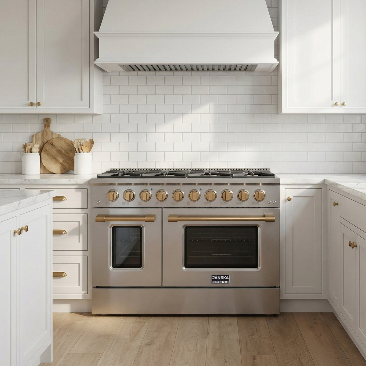 Modern white kitchen with a Janska 48 inch gas range and white tiled walls.