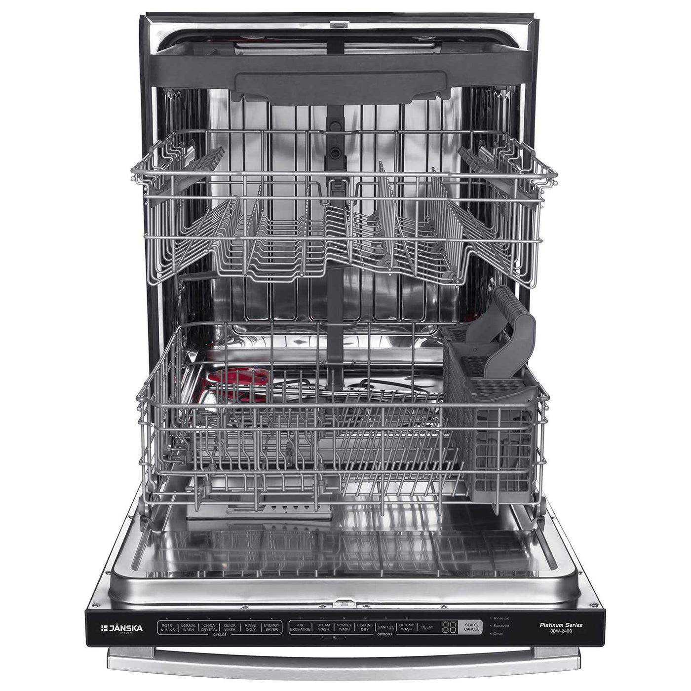 Janska Dishwasher with an open door on a white background.
