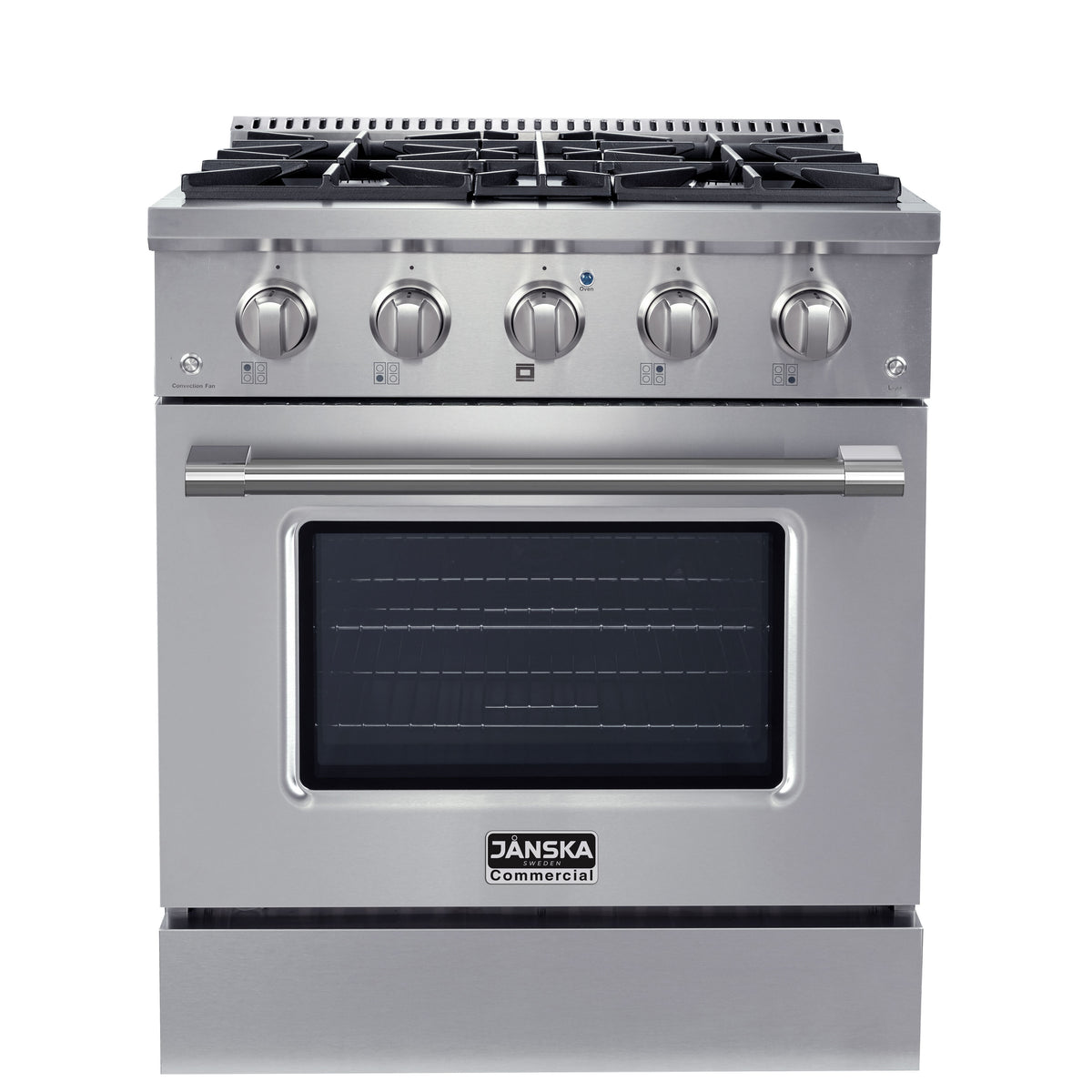 JANSKA 30 inch gas range in stainless steel, with stainless steel handle and knobs, and 4 burners.