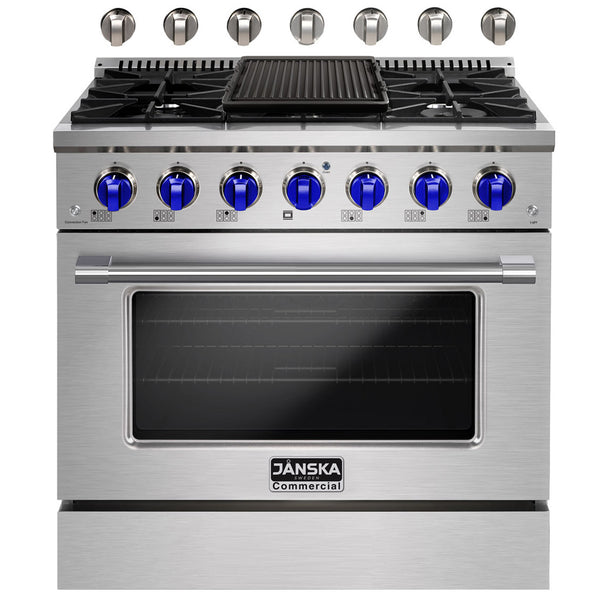 Stainless steel commercial stove with blue knobs on a white background, featuring the Janska brand.