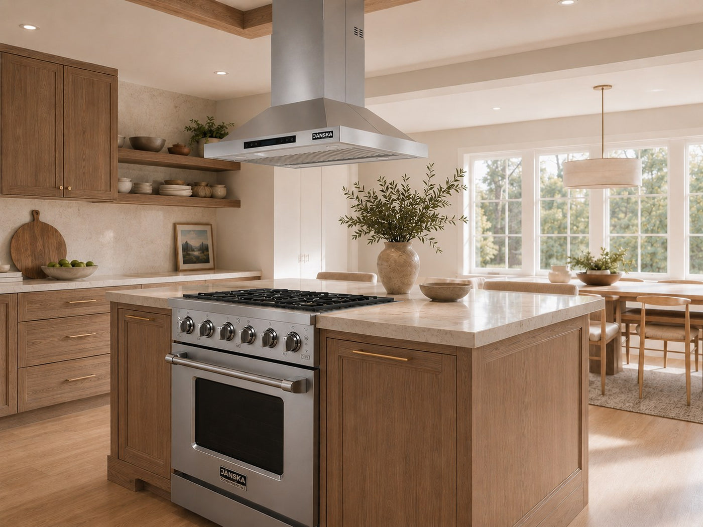 A modern kitchen island featuring a stainless steel JANSKA gas range and matching JANSKA island range hood, set in light oak wood cabinetry with a cream marble countertop.
