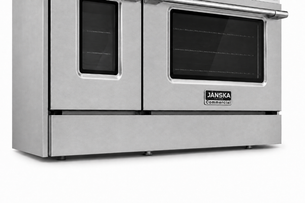 Janska gas range in stainless steel with two front doors and glass windows, shown on a white background.