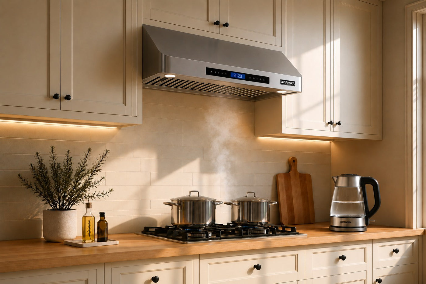 A JANSKA stainless steel gas range under cabinet hood installed in a modern kitchen with cream cabinets, a wood countertop, two pots on a gas stove, and a glass kettle.