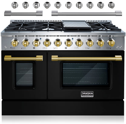 Stainless steel and black gas range with gold knobs and gold handles on a white background. Includes extra silver knobs and silver handles, cast iron griddle on top of the 48 inch gas range cooktop