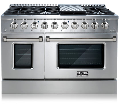 Stainless steel 48 inch gas range with silver knobs, with griddle, and double ovens and JANSKA branding on a white background. 