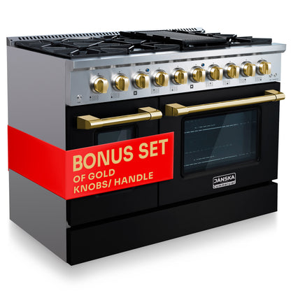 48 inch gas range with double ovens and matte black oven doors and stainless steel side panelm with gold knobs and handles, and a red label reading bonus set of gold knobs/handles