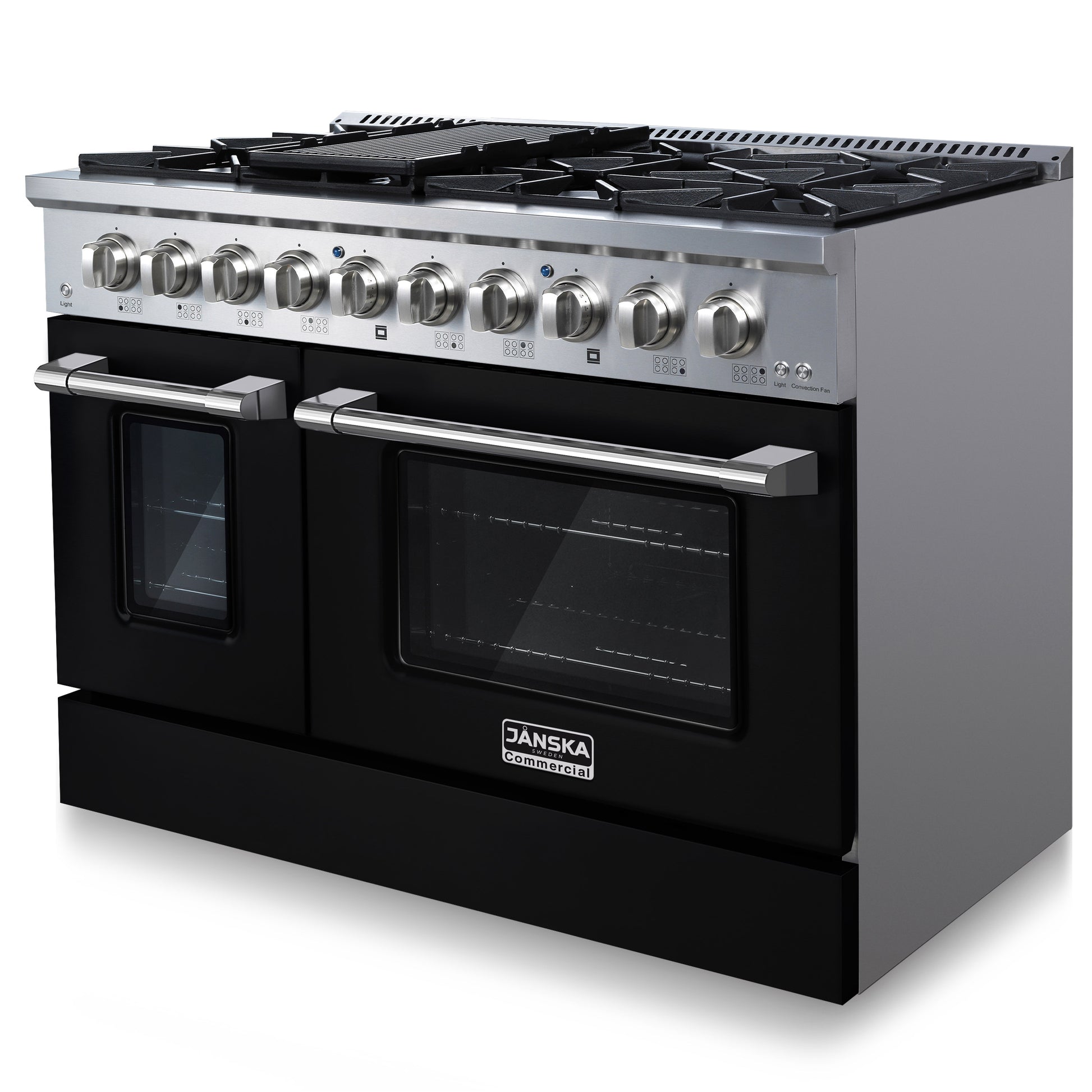 Janska branded gas range in 48 inch with black oven doors and stainless steel side panel, with silver knobs and handles  on a white background.