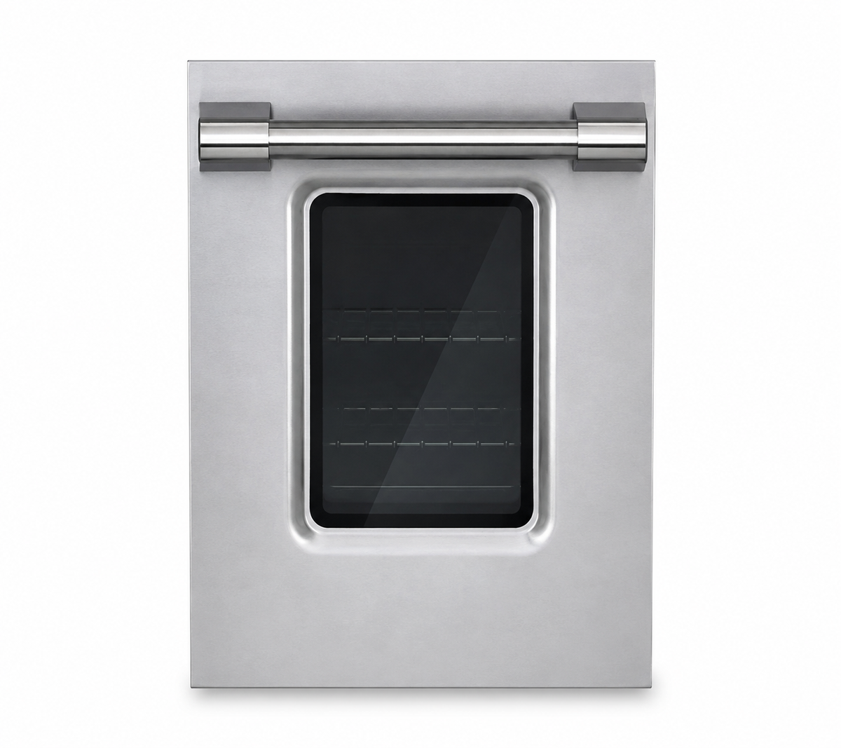 A Janska 18 inch gas range door, featuring a brushed stainless steel exterior, a glass window with visible interior racks, and a horizontal stainless steel handle.