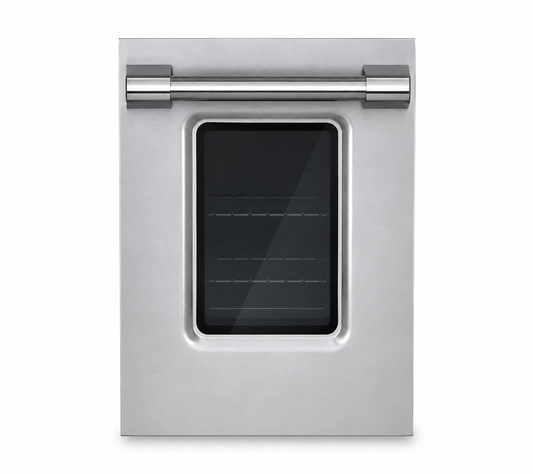 A Janska 18 inch gas range door, featuring a brushed stainless steel exterior, a glass window with visible interior racks, and a horizontal stainless steel handle.