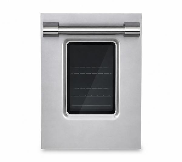 A Janska 18 inch gas range door, featuring a brushed stainless steel exterior, a glass window with visible interior racks, and a horizontal stainless steel handle.