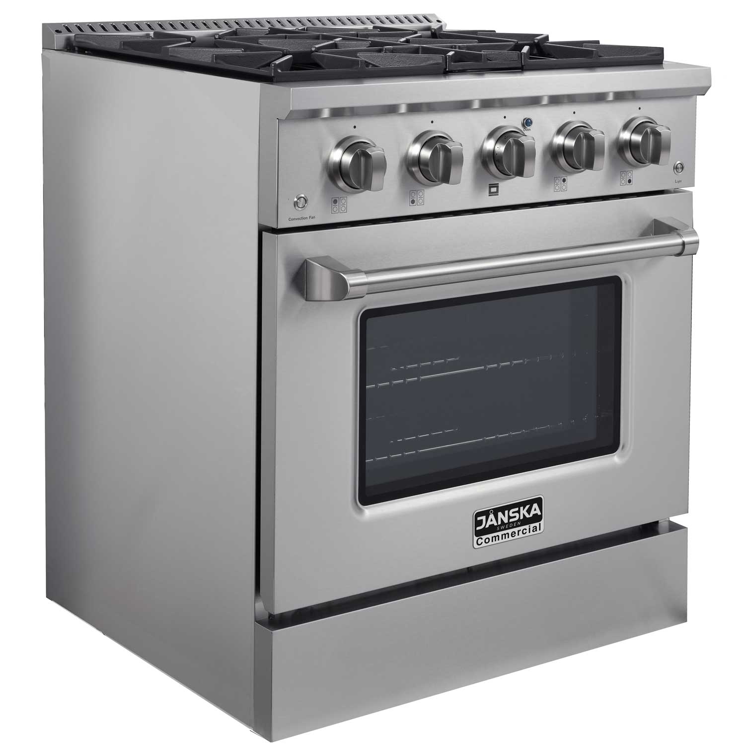JANSKA 30 inch gas range in stainless steel, with stainless steel handle and knobs, and 4 burners. Side view with stainless steel side panel