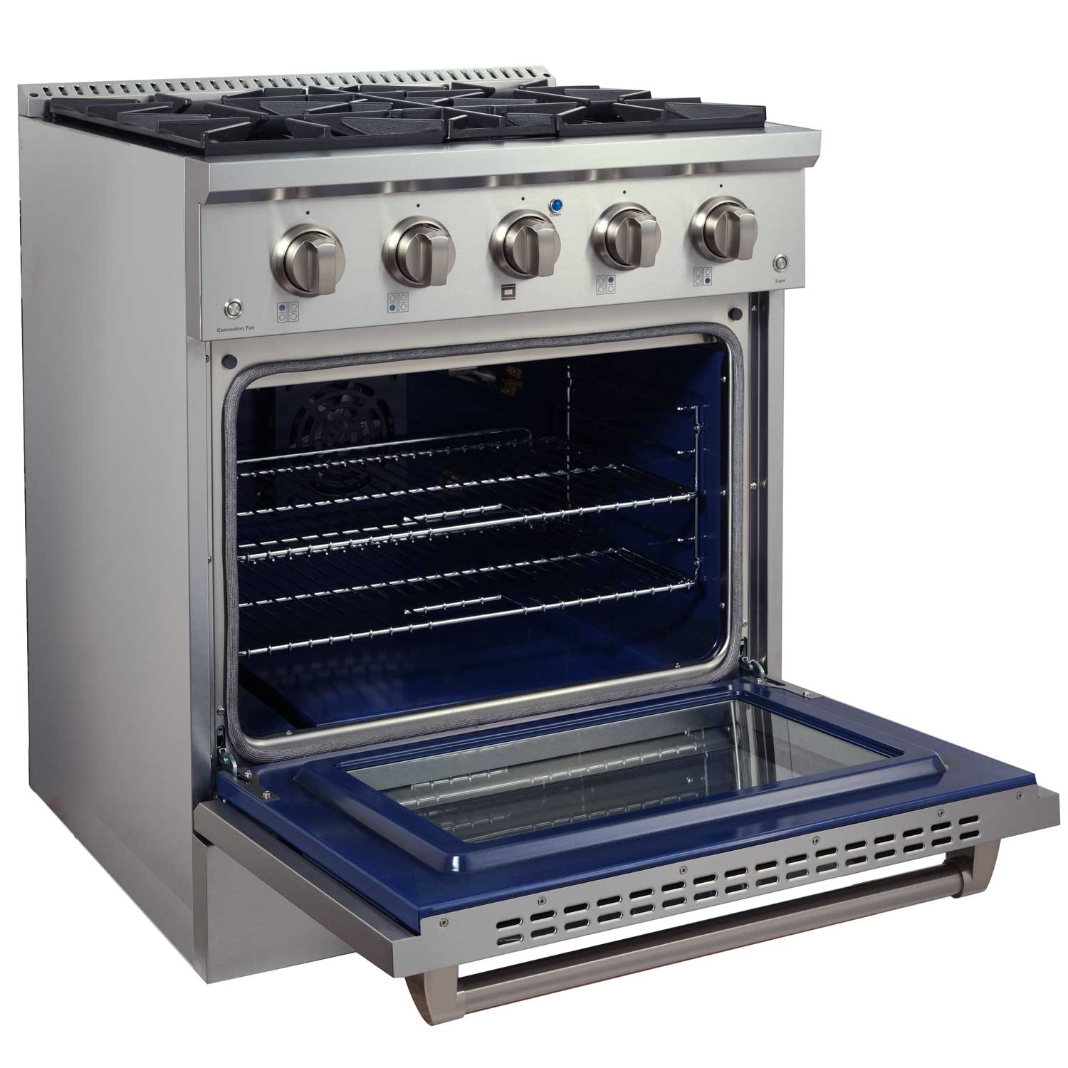 JANSKA 30 inch gas range in stainless steel, with stainless steel handle and knobs, and 4 burners. Open oven door with blue porcelain interior.