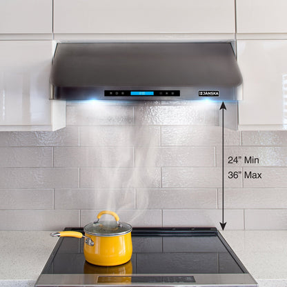Janska range hood with a yellow pot on a stove, showing smoke and labeled dimensions.