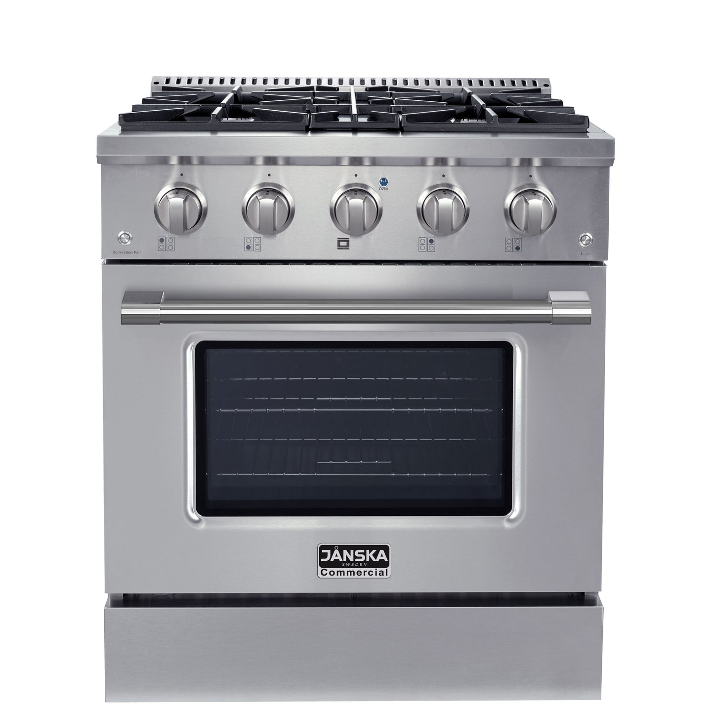 JANSKA 30 inch gas range in stainless steel, with stainless steel handle and knobs, and 4 burners. 