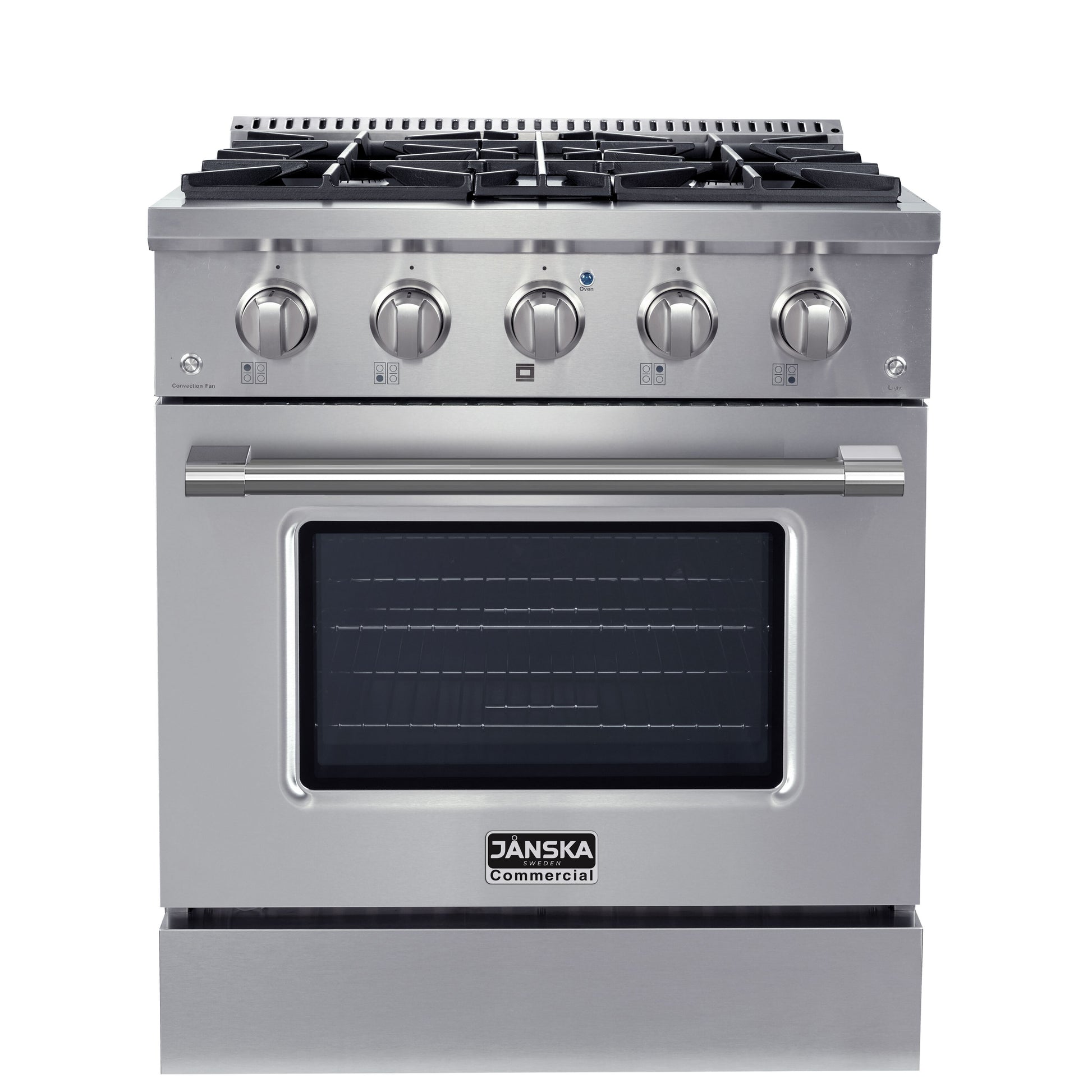 JANSKA 30 inch gas range in stainless steel, with stainless steel handle and knobs, and 4 burners. 