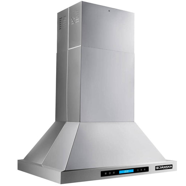 A 30-inch island-mounted range hood with a stainless steel finish and digital controls on the front.