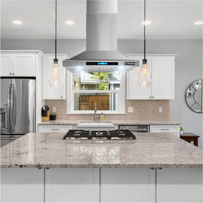 A 30-inch island-mounted range hood with a stainless steel finish and digital controls on the front. kitchen island display