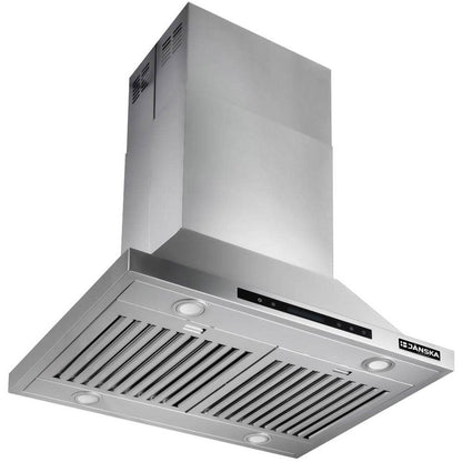 A 30-inch island-mounted range hood with a stainless steel finish and digital controls on the front.