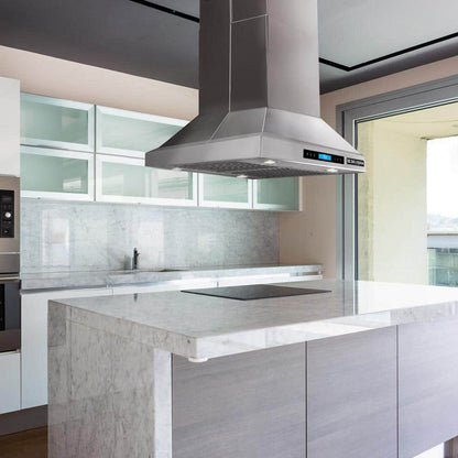A 30-inch island-mounted range hood with a stainless steel finish and digital controls on the front.