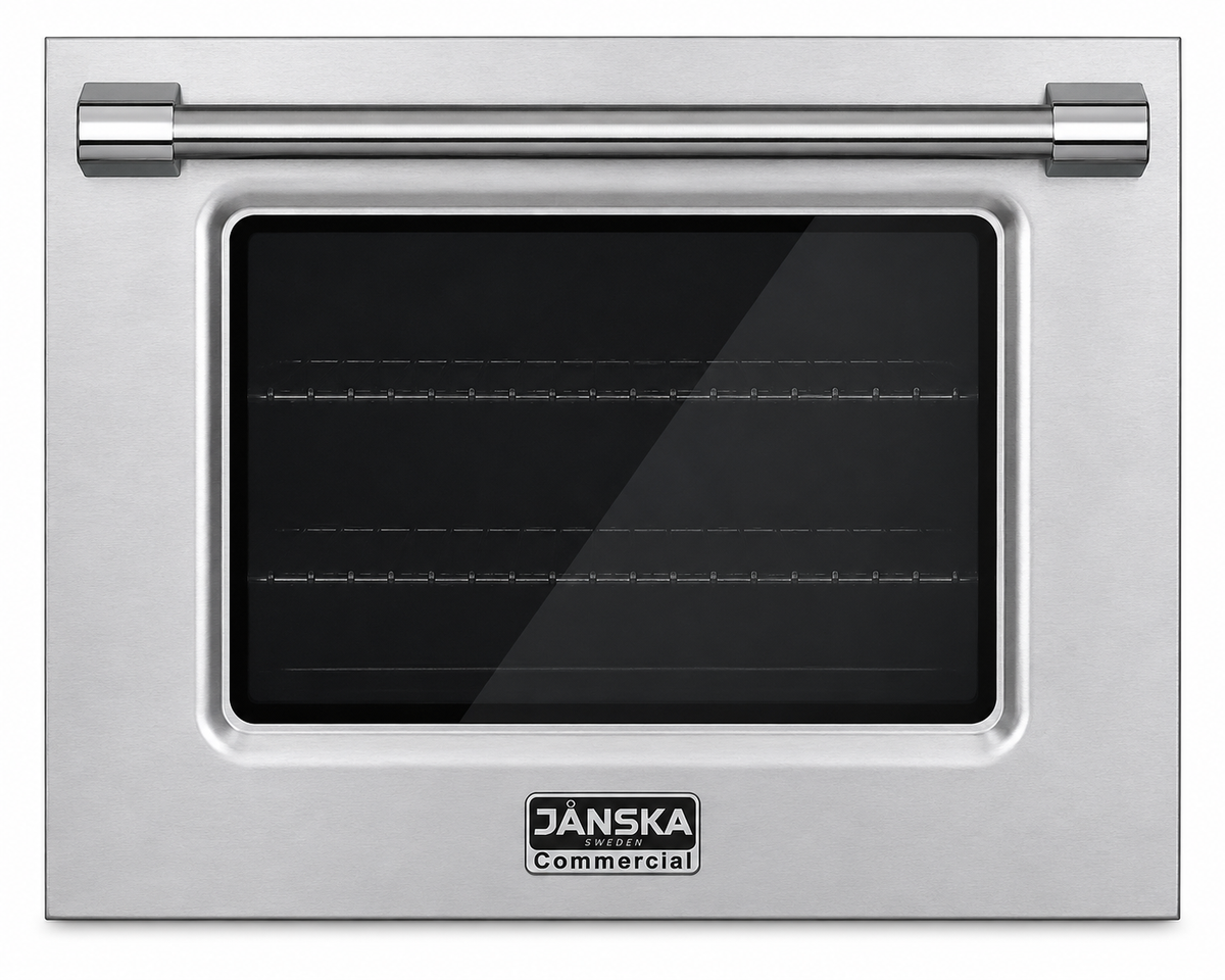 A Janska 30 inch gas range door, featuring a brushed stainless steel exterior, a glass window with visible interior racks, and a horizontal stainless steel handle.