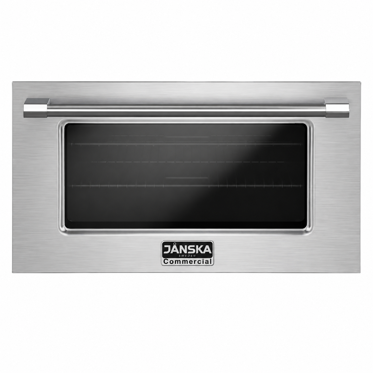 A Janska 36 inch gas range door, featuring a brushed stainless steel exterior, a glass window with visible interior racks, and a horizontal stainless steel handle.
