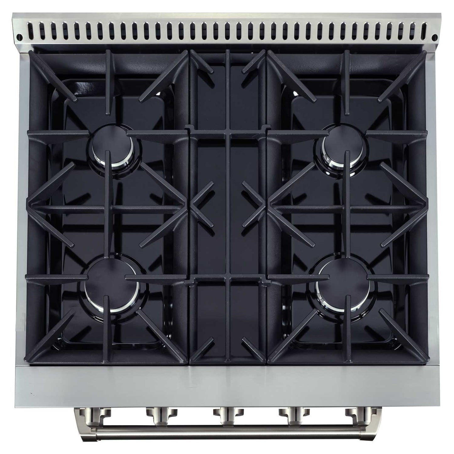 JANSKA 30 inch gas range in stainless steel, with 4 aluminum burners and two continuous cast iron burner grates