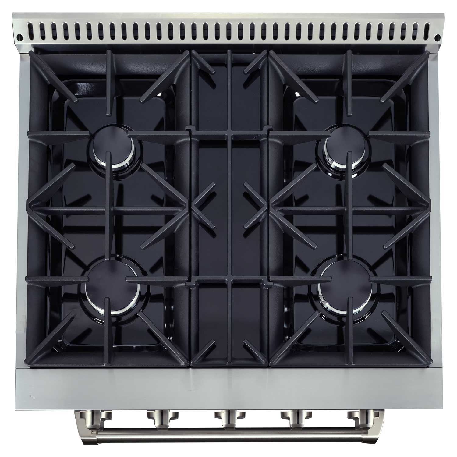 JANSKA 30 inch gas range in stainless steel, with 4 aluminum burners and two continuous cast iron burner grates