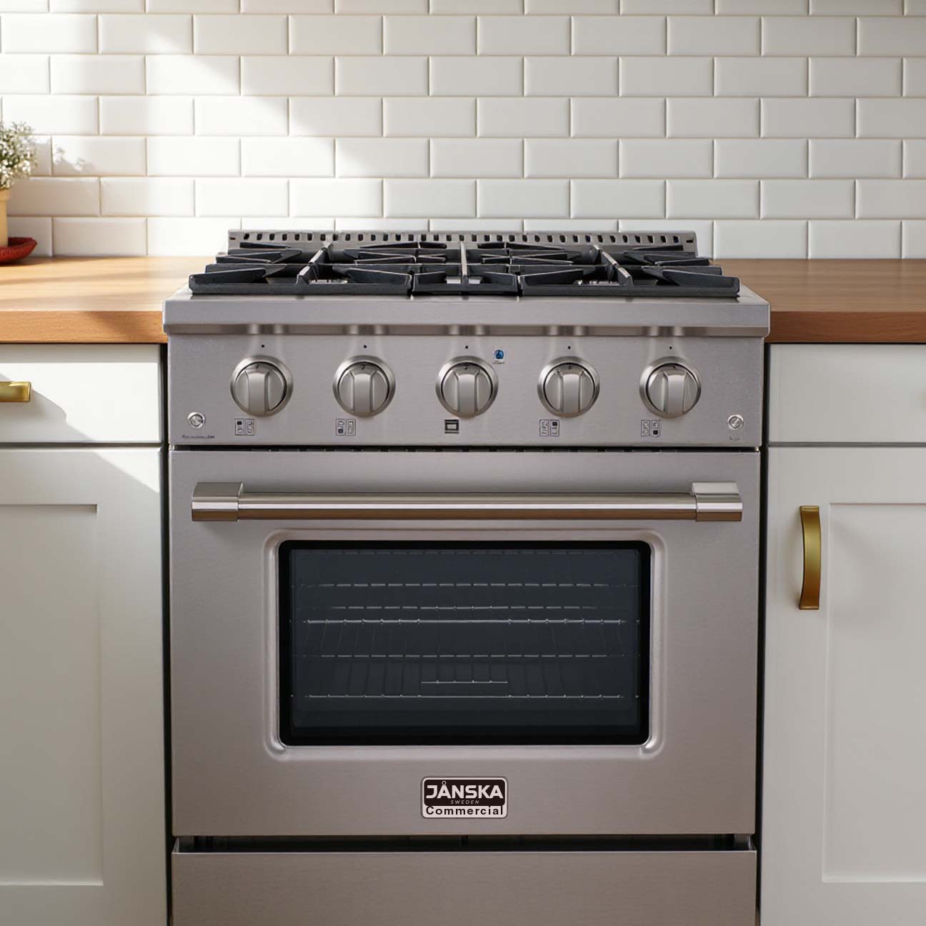 JANSKA 30 inch gas range in stainless steel, with stainless steel handle and knobs, and 4 burners. In a white kitchen setting, with white subway tile backsplash.
