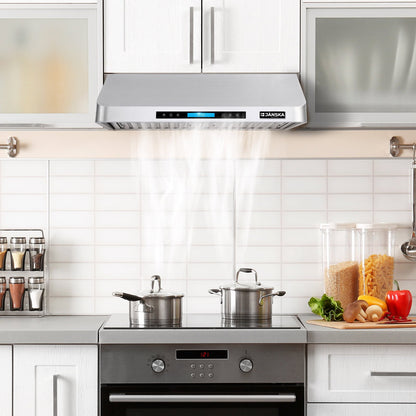 Modern kitchen with Janska range hood and white cabinets.
