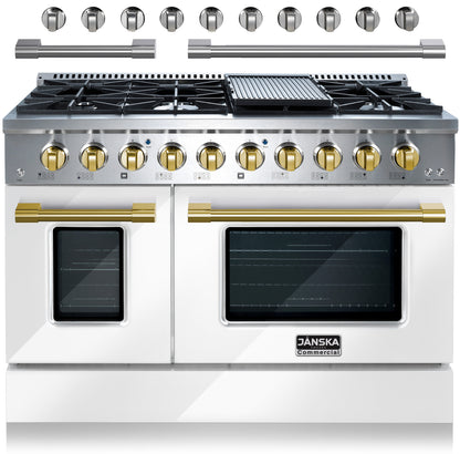 White and gold Janska commercial-style Gas range with gas cooktop and double oven on a white background. Gold Knobs and gold handles, and extra silver knobs and two silver handles.