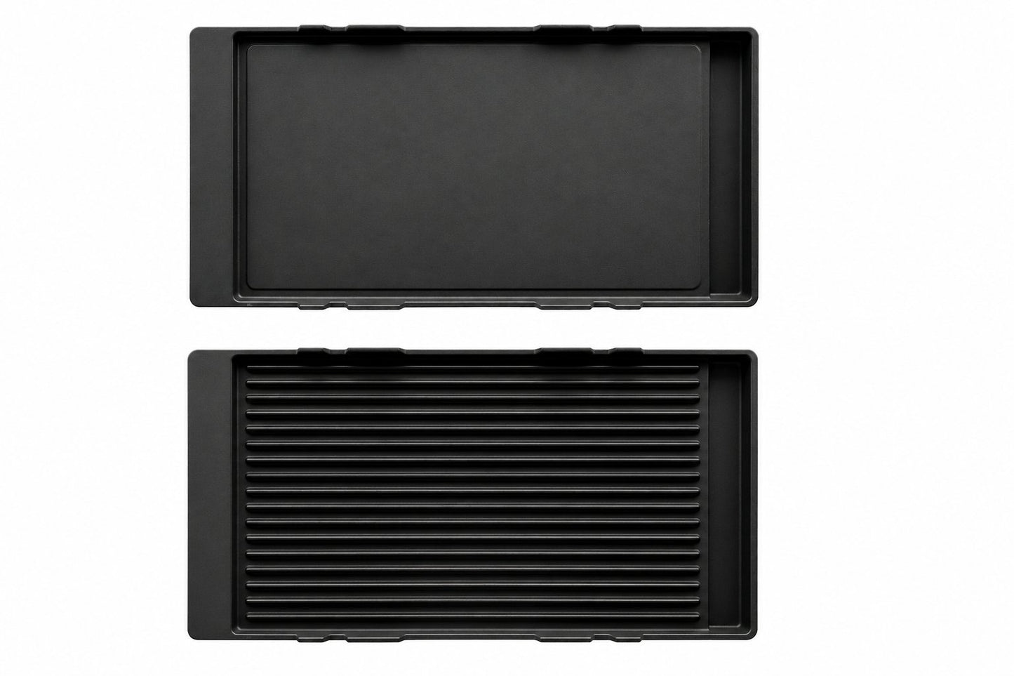 Black rectangular grill pan shown from two angles: one flat top view and one underside view, showing the ribbed grilling surface, on a plain white background.