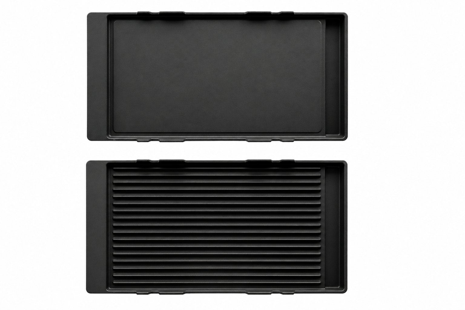 Black rectangular grill pan shown from two angles: one flat top view and one underside view, showing the ribbed grilling surface, on a plain white background.