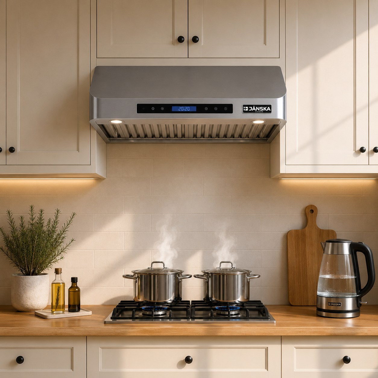 A JANSKA stainless steel range hood installed in a modern kitchen with cream-colored cabinets, a wooden countertop, two stainless steel pots on a gas stove, and a glass electric kettle.
