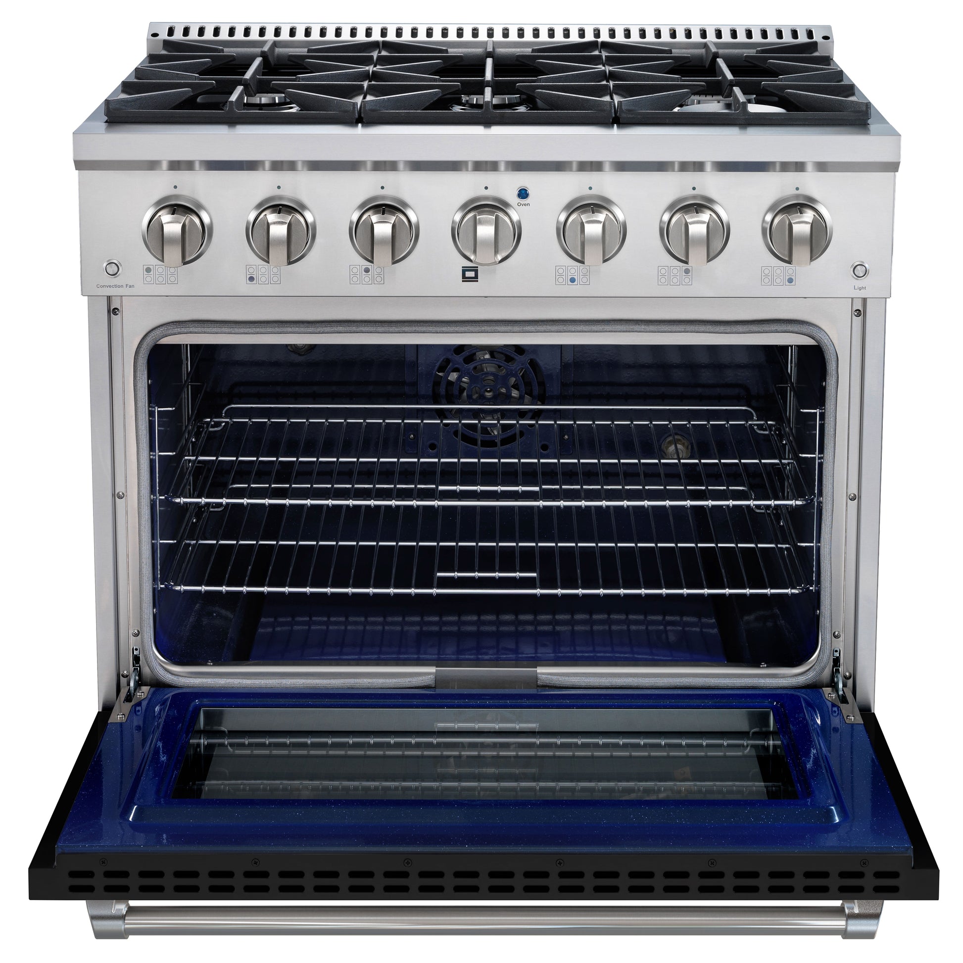 Stainless steel kitchen range with open oven on a white background