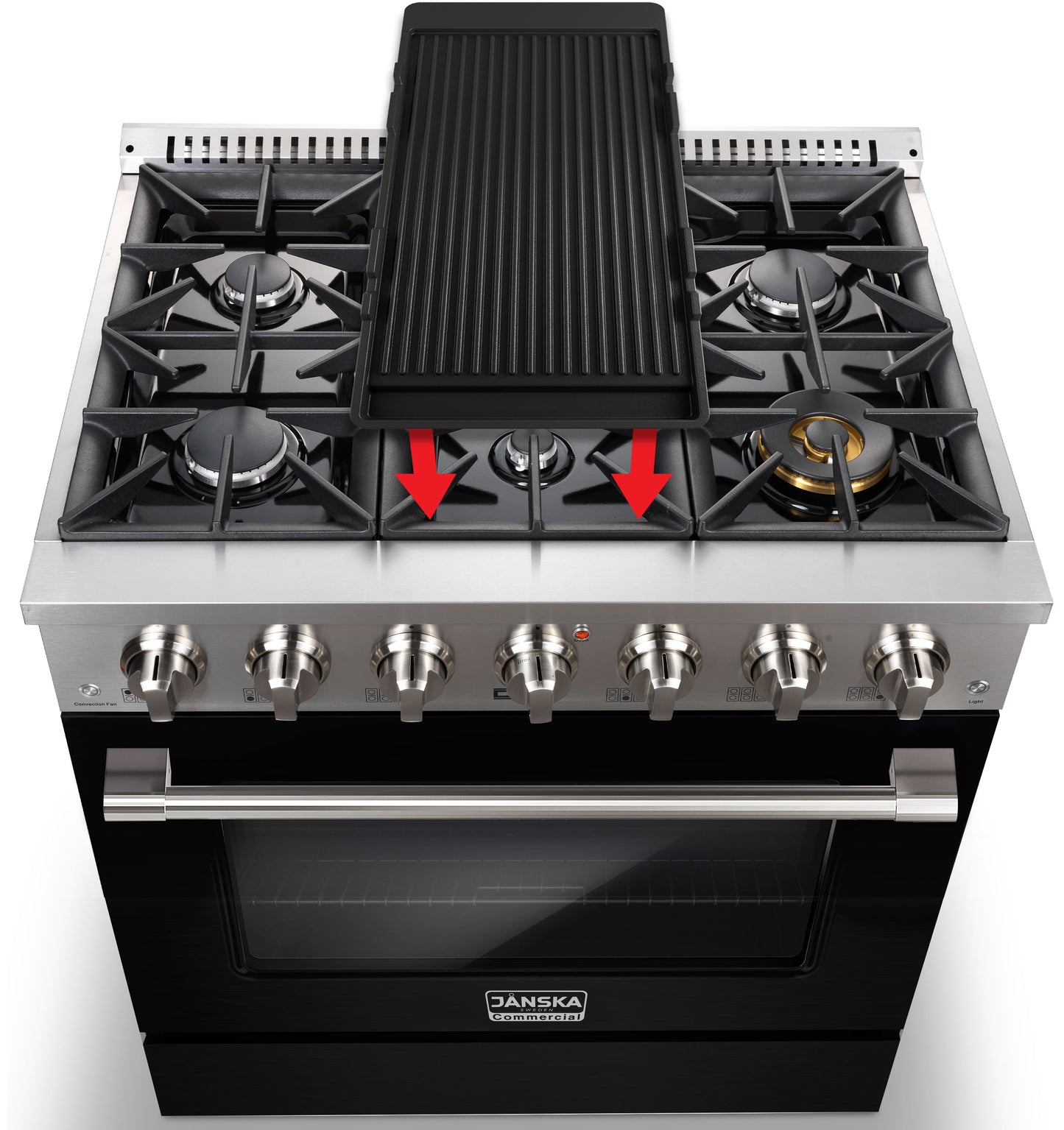 Stainless steel gas stove with griddle and control knobs on a white background