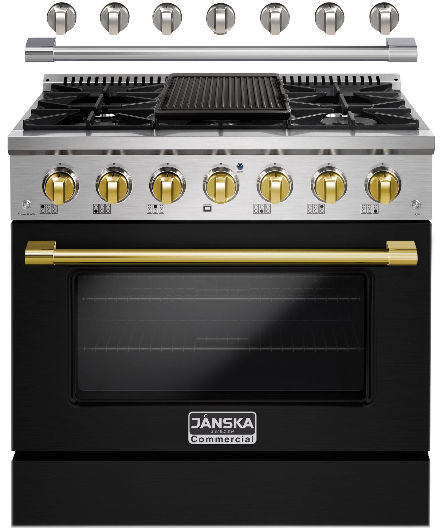 Black and gold Janska commercial-style stove with gas burners and oven.