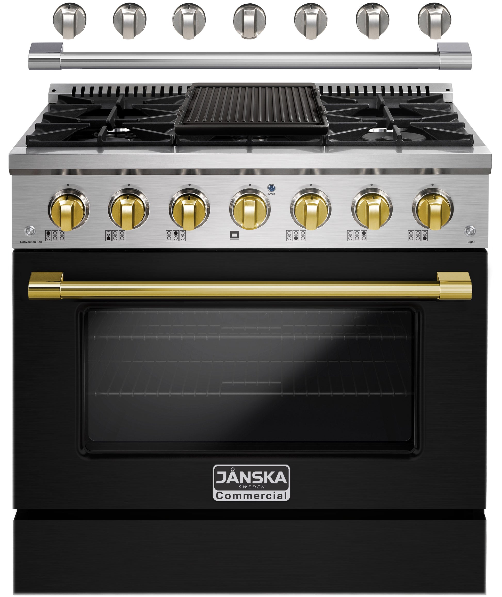 Black and gold Janska commercial-style stove with gas burners and oven.