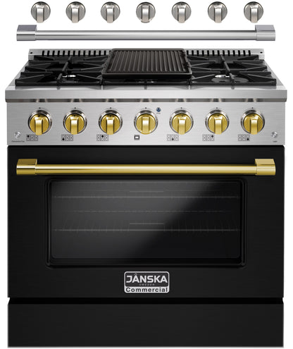 Black and gold Janska commercial-style stove with gas burners and oven.