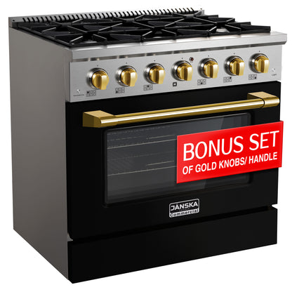 Black stove with gold knobs and a bonus set of gold knobs handle label, featuring Janska brand.