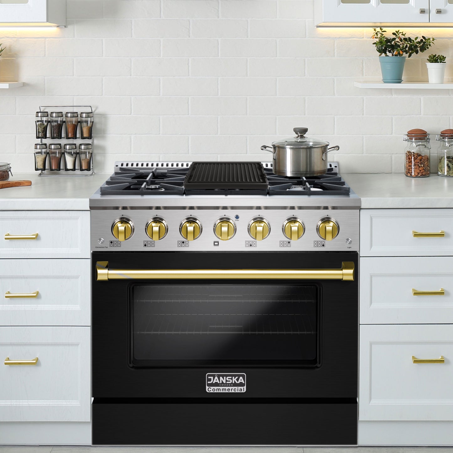 Black stove with gold knobs in a modern kitchen setting