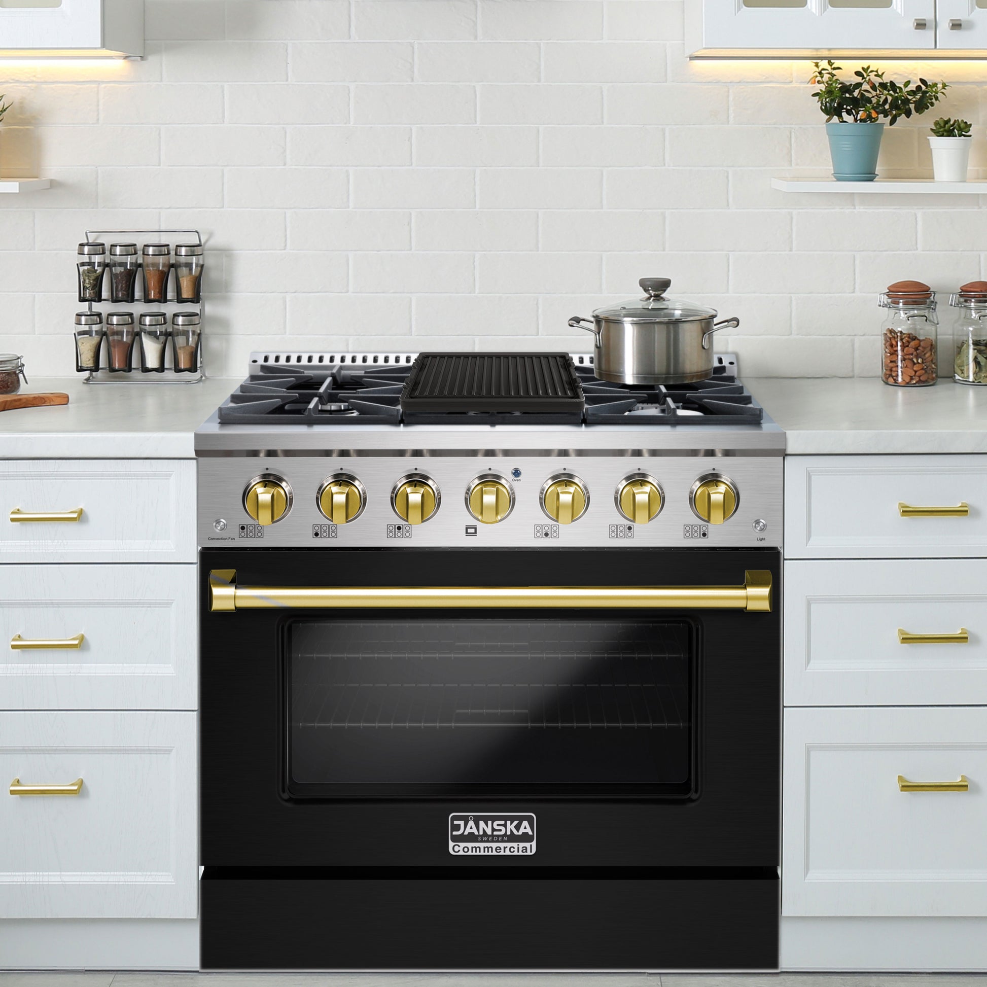 Black stove with gold knobs in a modern kitchen setting