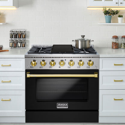 Black stove with gold knobs in a modern kitchen setting