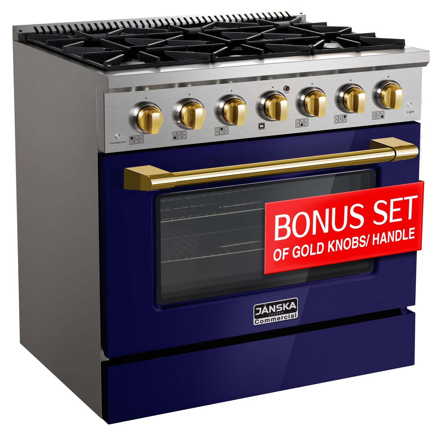 Blue commercial stove with gold knobs and a bonus set of gold knobs handle label.