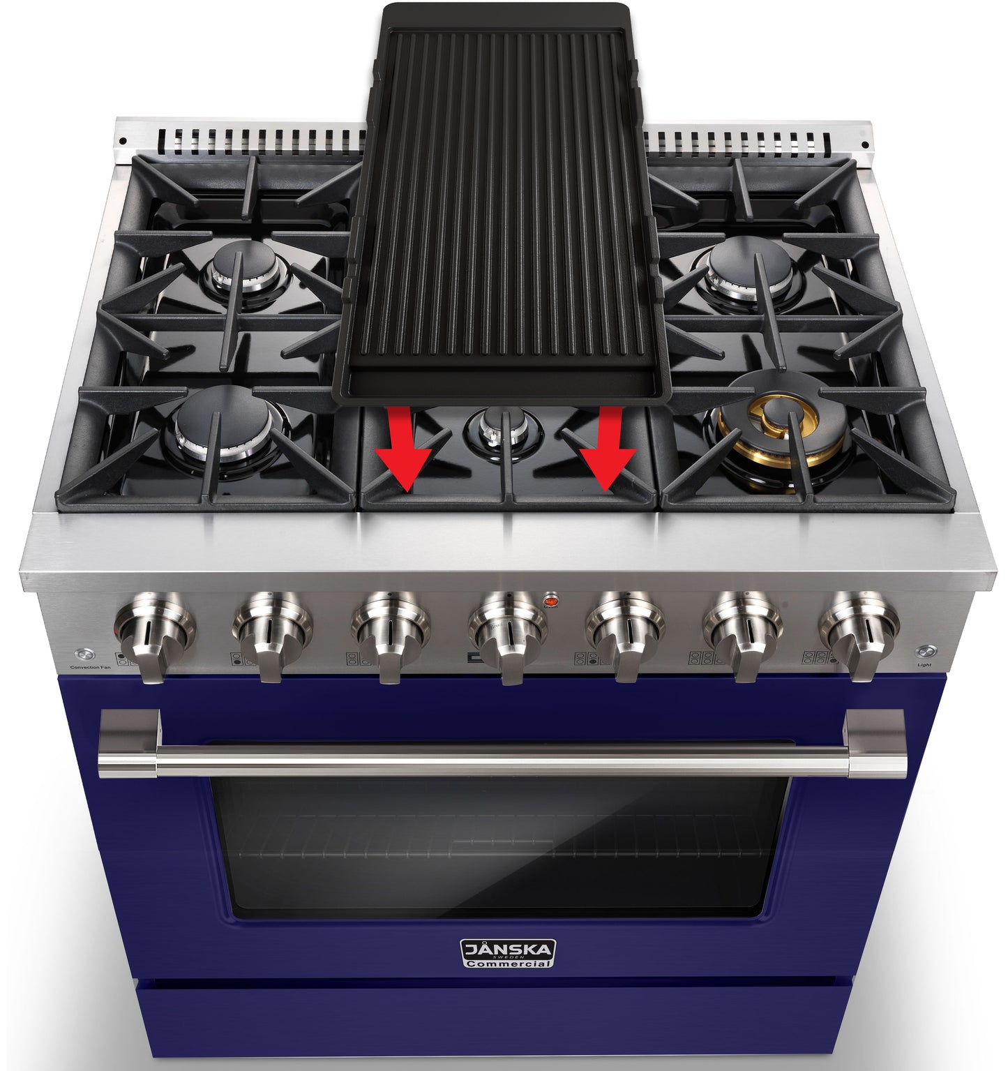 Blue gas stove with grill and four burners on a white background