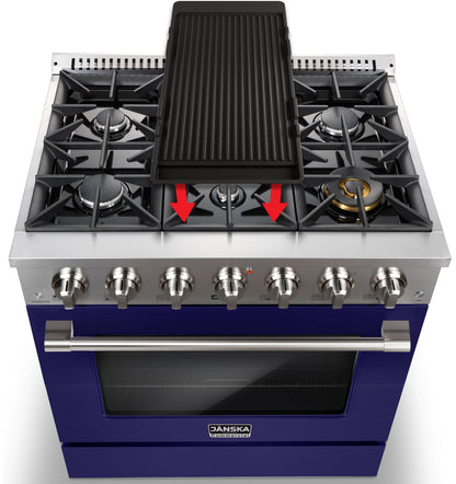 Blue gas stove with grill and four burners on a white background