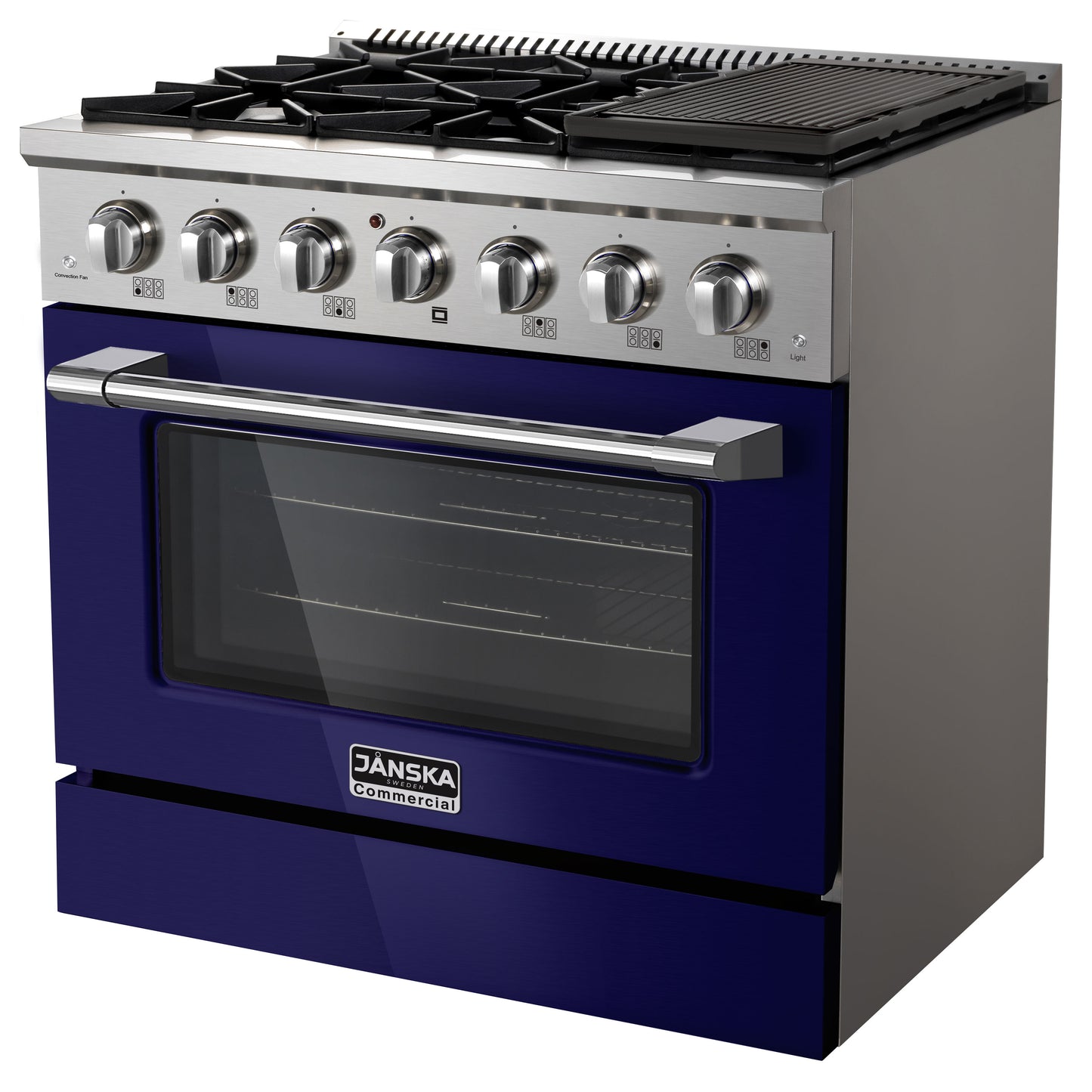 Blue and silver stove with Janska Commercial logo on a white background