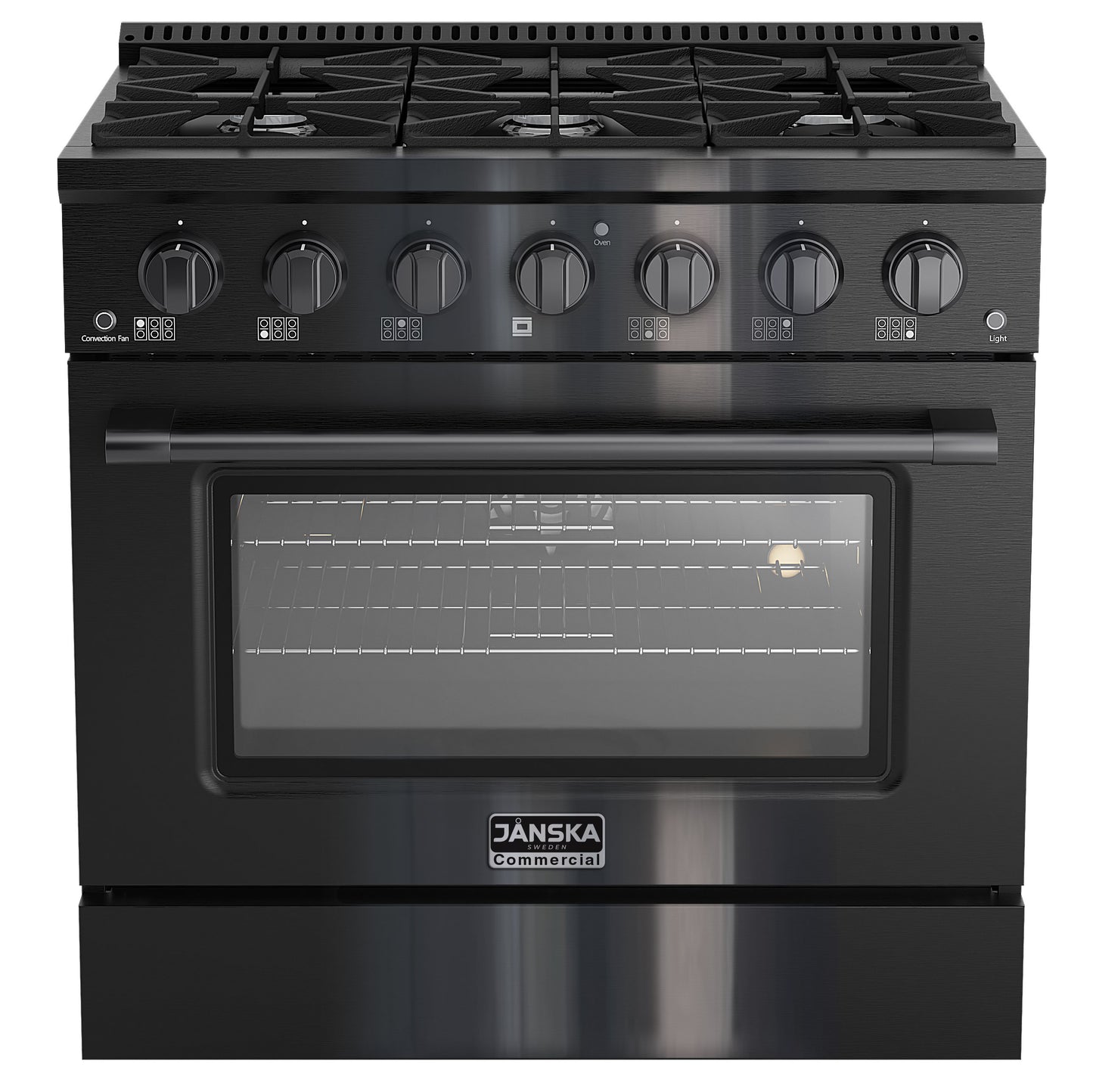 Black gas stove with oven on a white background