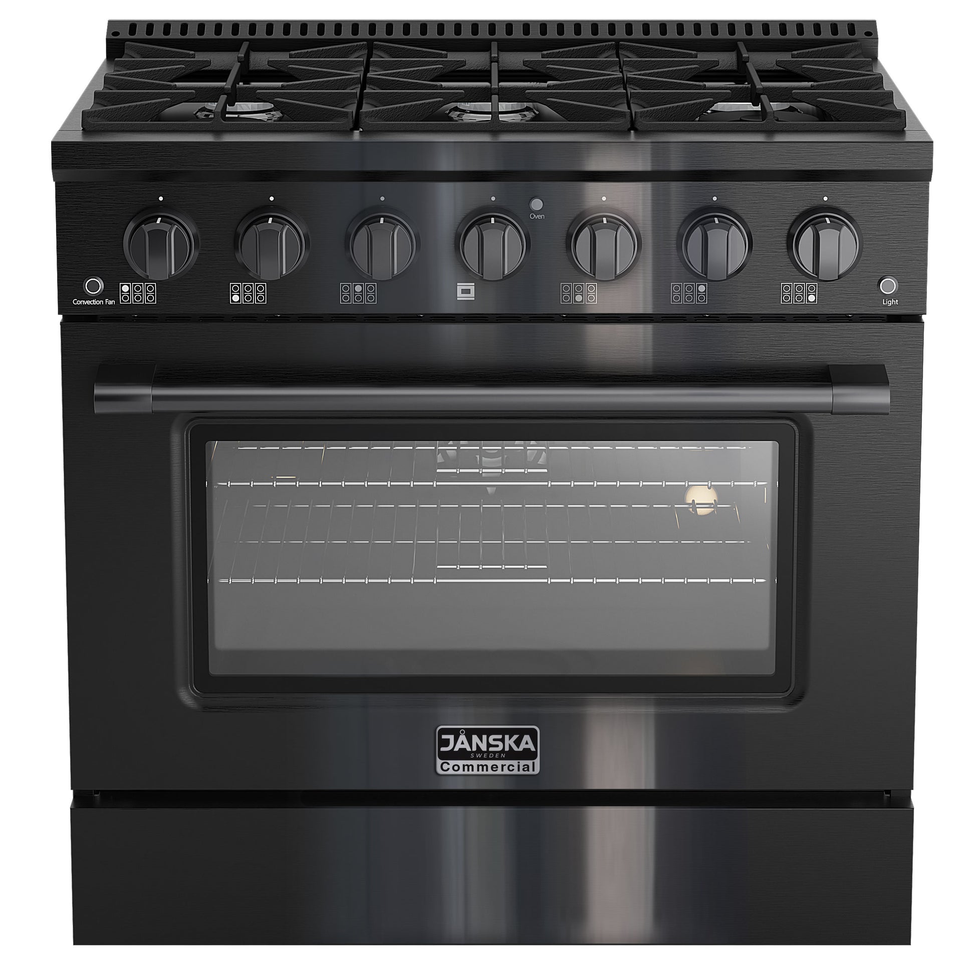 Black gas stove with oven on a white background