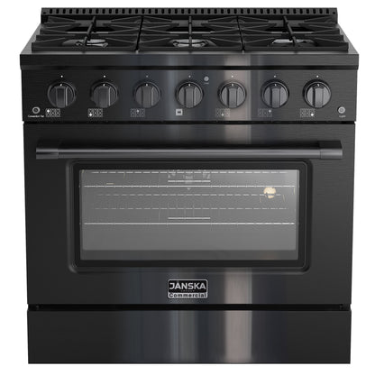 Black gas stove with oven on a white background