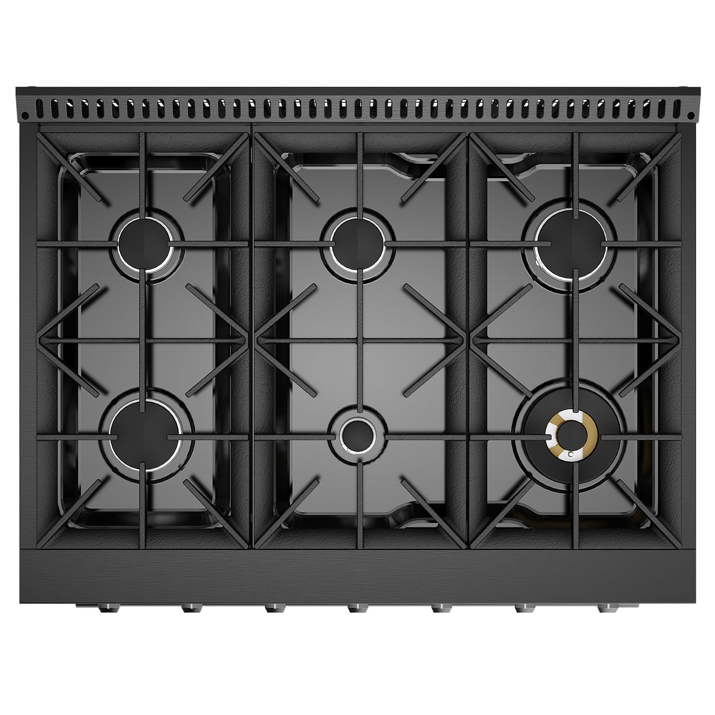 Black gas stove with six burners on a white background